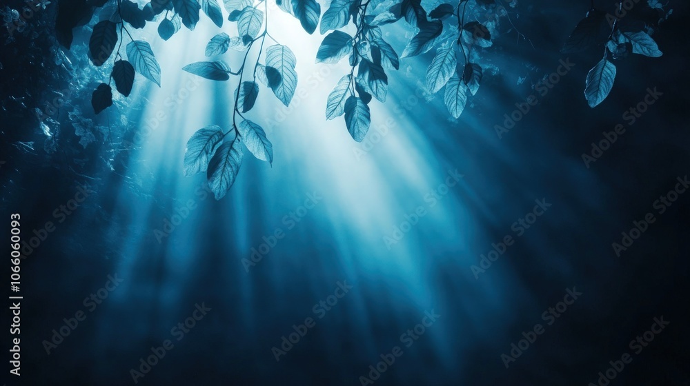 Poster sunbeams shining through leaves in a dark forest, creating a mystical and ethereal atmosphere.