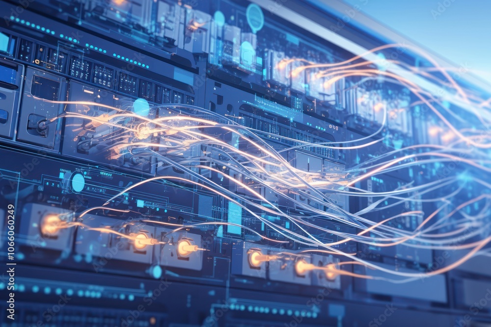 Poster abstract futuristic server rack with glowing lines and data transfer.