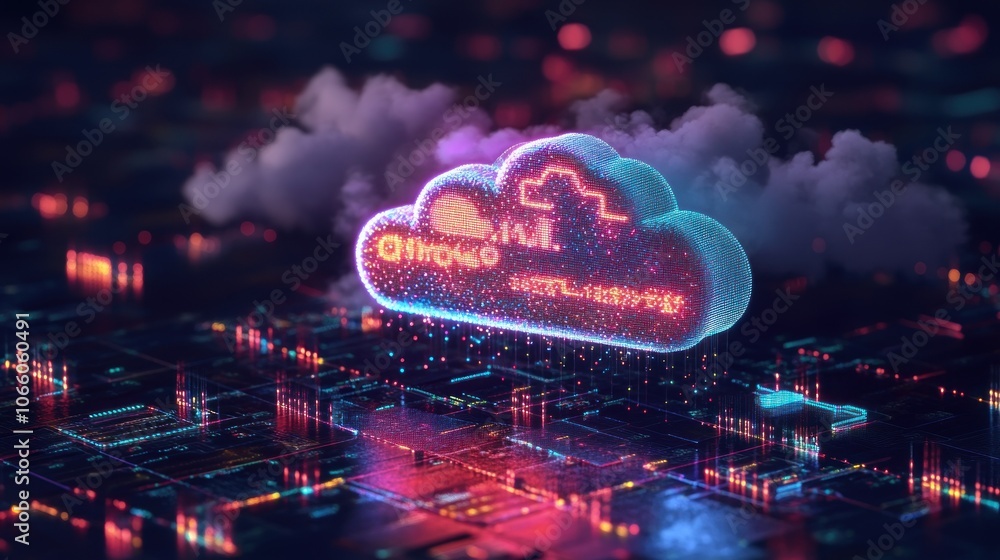 Poster glowing cloud icon over abstract digital circuitry