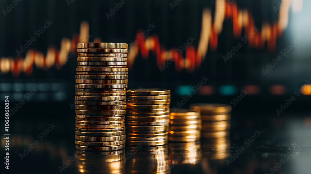 Poster Stacks of gold coins with a rising stock chart in the background symbolize the increasing price of gold