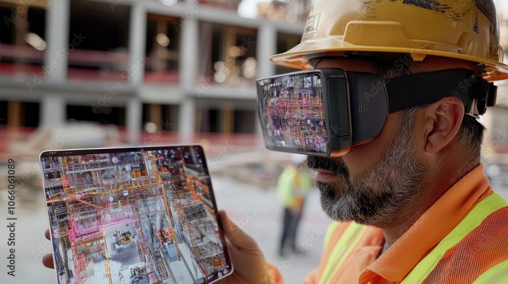Poster construction worker using augmented reality headset and tablet