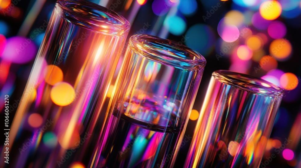 Poster close-up of glass test tubes with a colorful bokeh background