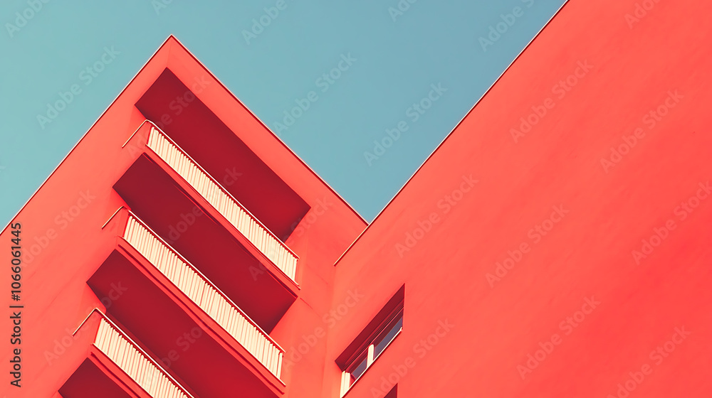 Poster Red apartment building against a clear sky with ample copy space, symbolizing property management and real estate opportunities