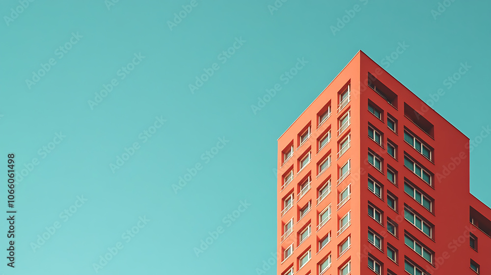 Poster Red apartment building against a clear sky with ample copy space, symbolizing property management and real estate opportunities