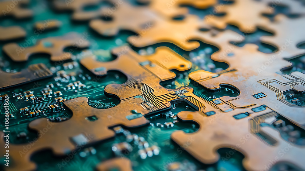 Poster Puzzle pieces with circuit patterns symbolizing microservices integration