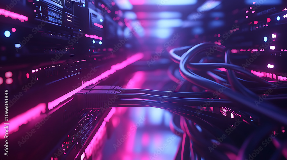 Poster Network cables connected to servers in a data center, illustrating complex network infrastructure