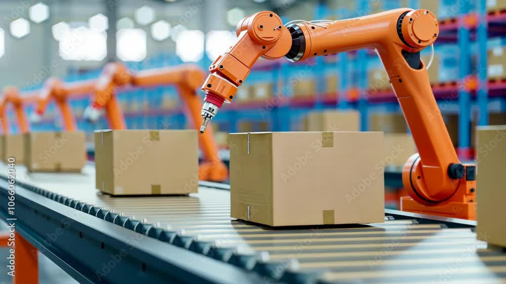 Poster automated robot arm in modern warehouse moving cardboard boxes on conveyor belt for efficient packag