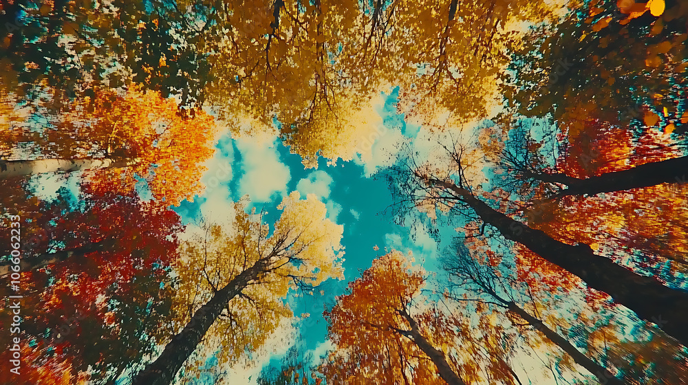 Poster looking up at the canopy of trees in autumn, from below, the colorful foliage contrasts with the bri
