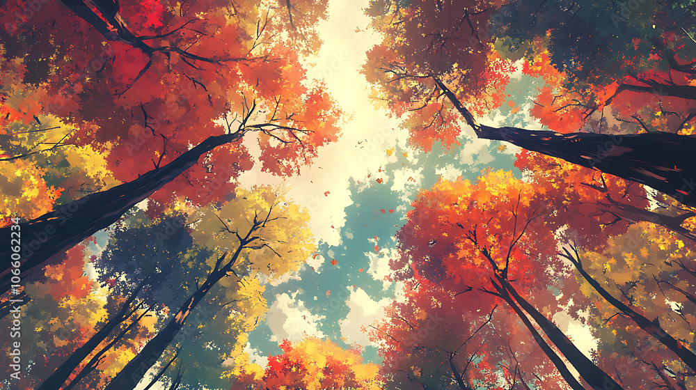 Poster looking up at the canopy of trees in autumn, from below, the colorful foliage contrasts with the bri