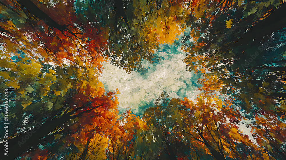 Poster looking up at the canopy of trees in autumn, from below, the colorful foliage contrasts with the bri