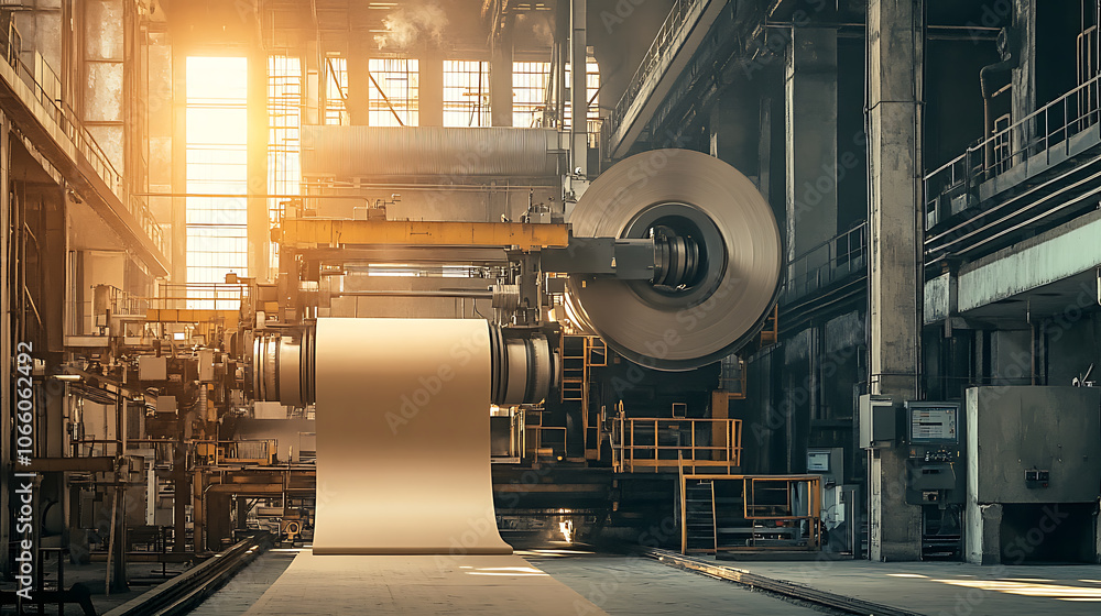 Poster large industrial machine producing paper and cardboard in factory setting