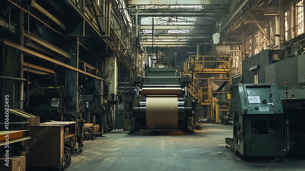 Poster large industrial machine producing paper and cardboard in factory setting