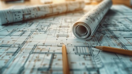 Detailed architectural blueprints and drafting tools, construction plan and design process, house and office building project, professional architectural drawing