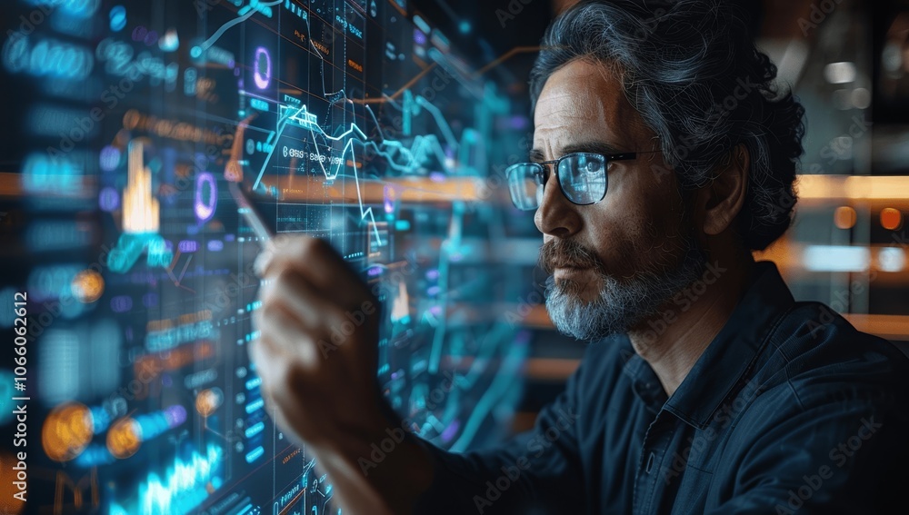 Poster ai-powered business analysis with virtual screen and financial data visualization