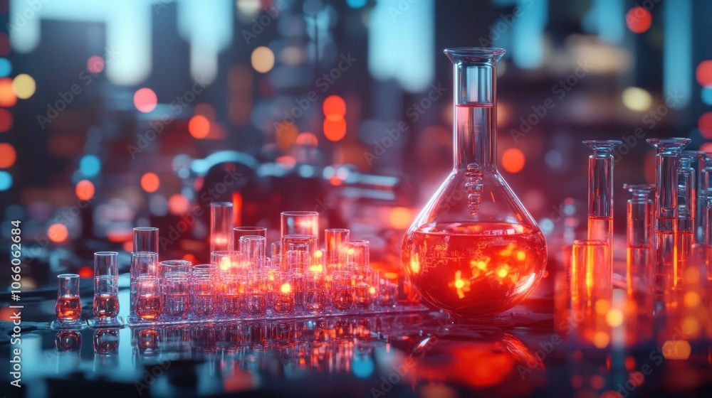 Poster a laboratory setting with beaker and test tubes filled with red liquid, against a blurred cityscape 