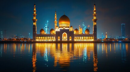 Naklejka premium Illuminated mosque with golden domes reflected in water at night.