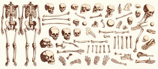 Obraz premium Collection of hand-drawn human bones and skulls, including full skeletons, arms, legs, hands, feet, and skulls in various views.