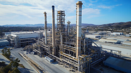 Obraz premium Industrial plant with smokestacks illustrating carbon capture and storage