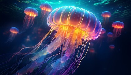 Naklejka premium Glowing jellyfish underwater