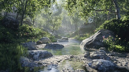 Obraz premium A Sunlit Creek Winding Through a Lush Forest