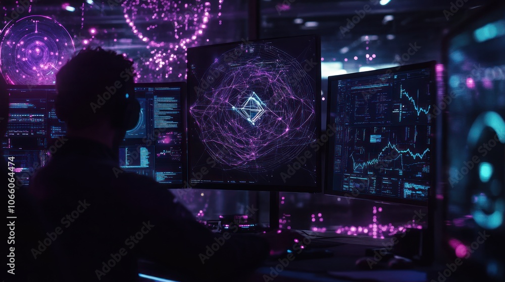 Leinwandbilder Hacker Silhouetted Against Multiple Computer Screens Displaying Data and Visualizations