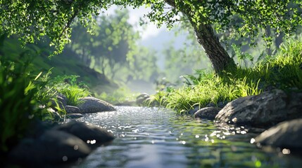 Tranquil Creek Flowing Through a Lush Green Forest