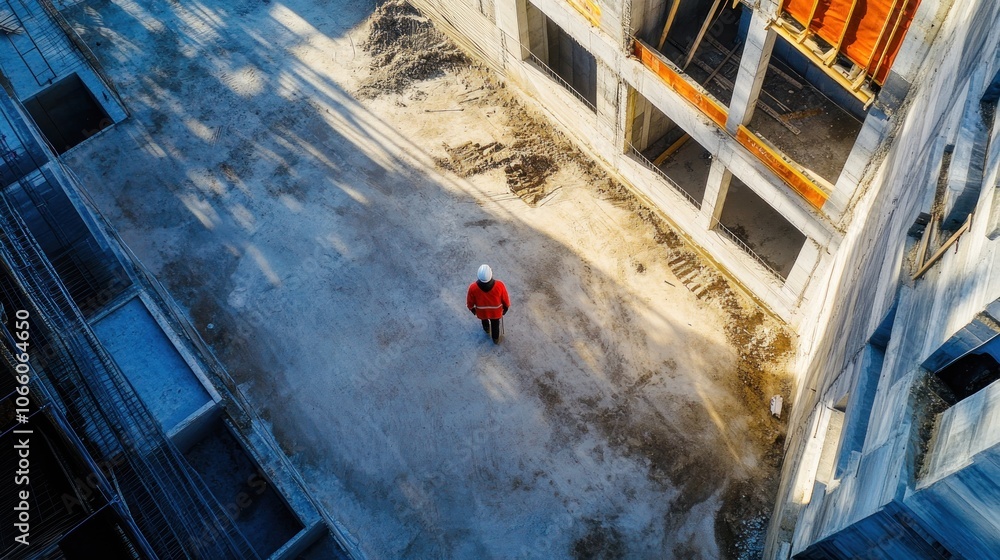 Poster Aerial View of Construction Site with Worker in Red