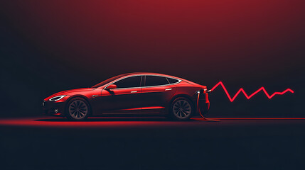 Naklejka premium Electric vehicle with charging cable and a red downward trend line indicating a drop in ev sales