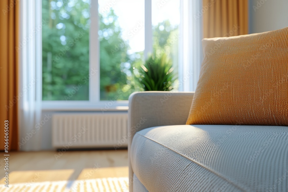 Poster a couch with a yellow pillow on it sits in front of a window