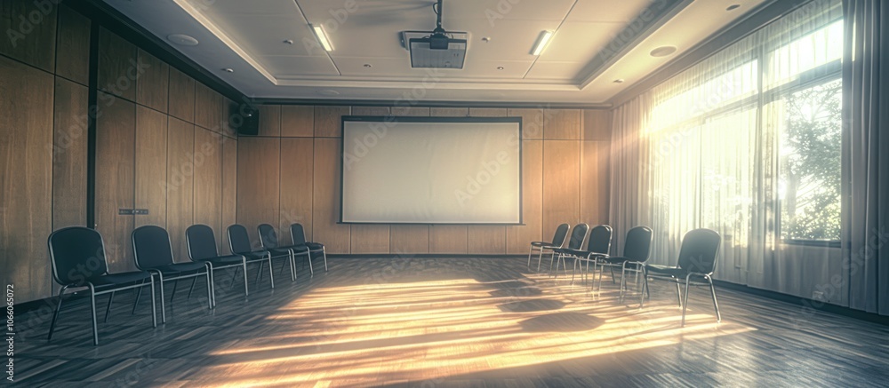 Poster empty conference room with chairs arranged in rows facing a projector screen with sun rays streaming