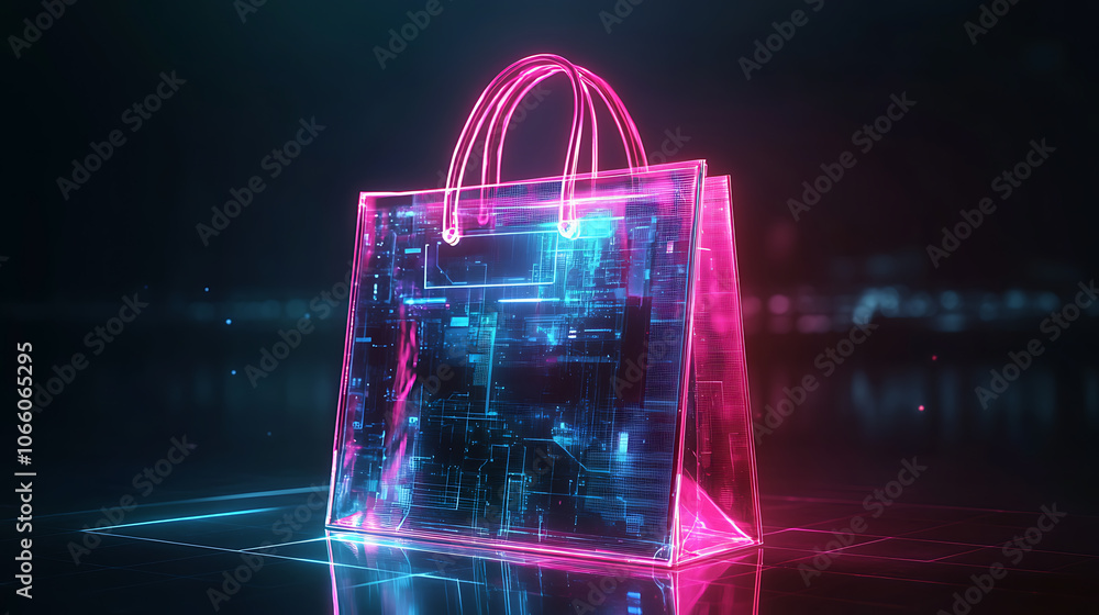 Poster digital shopping bag with glowing tech elements, symbolizing e-commerce and online shopping