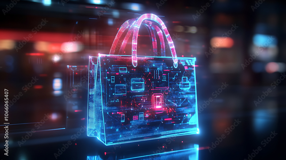 Poster digital shopping bag with glowing tech elements, symbolizing e-commerce and online shopping