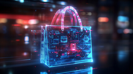 Obraz premium Digital shopping bag with glowing tech elements, symbolizing e-commerce and online shopping
