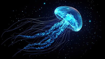 A Bioluminescent Jellyfish Glowing with Blue Light Against a Dark Background