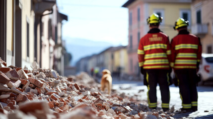 Two firefighters stand on a rubble-strewn street, facing away. Concept of emergency rescue operations.