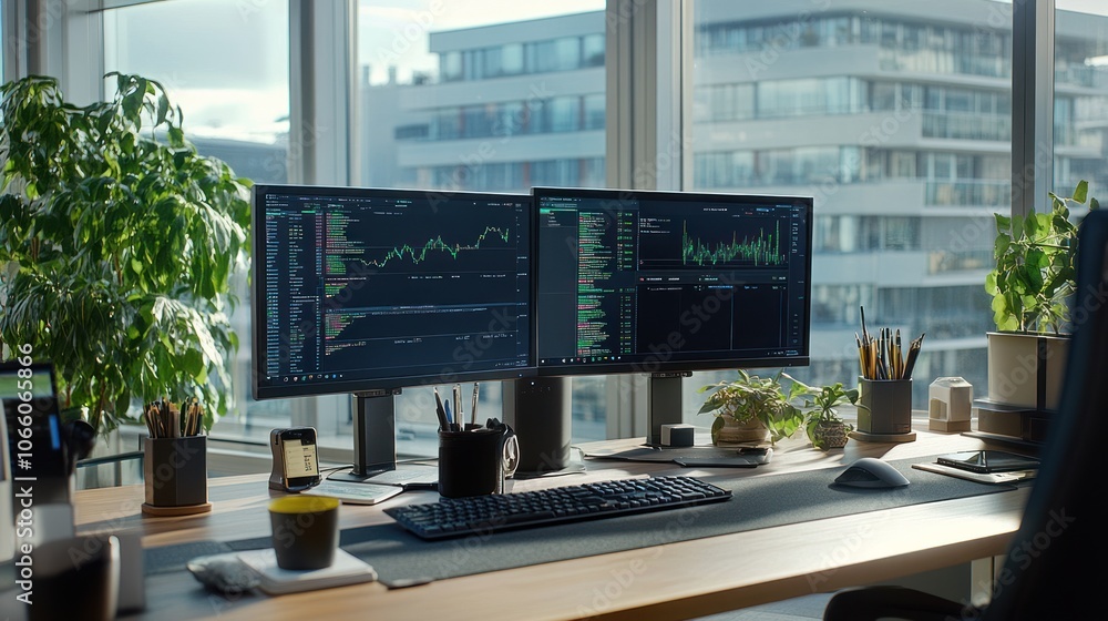 Poster modern office desk with dual monitors displaying financial data