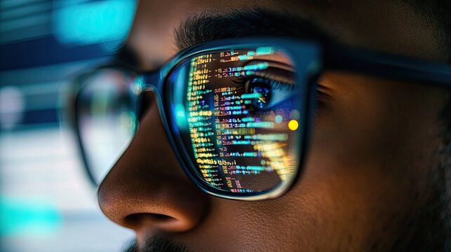 A close-up of a programmer's face concentrating on code displayed on a monitor, with layers of code and algorithms reflecting in their glasses. 