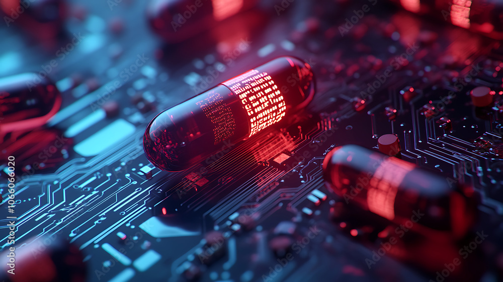 Poster digital pills on a circuit board symbolizing ai in medicine and drug development