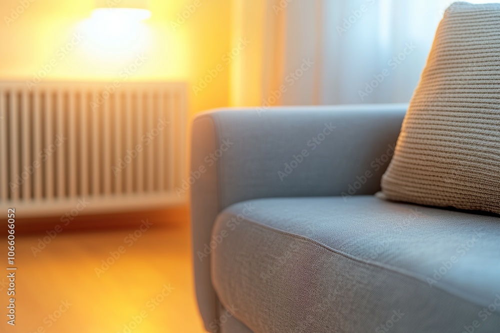 Poster a couch with a pillow on it and a radiator in the background