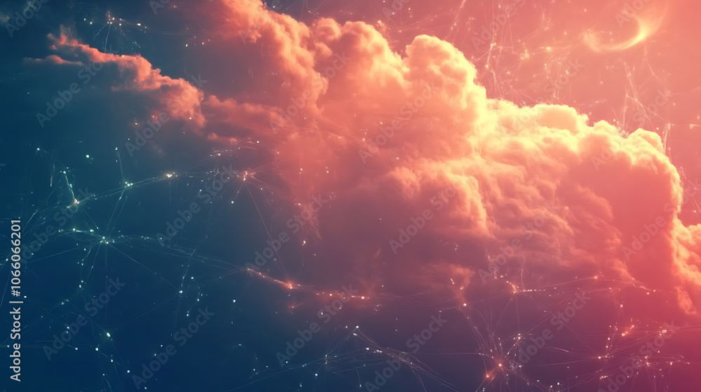 Poster digital clouds representing cloud migration with data points and network connections