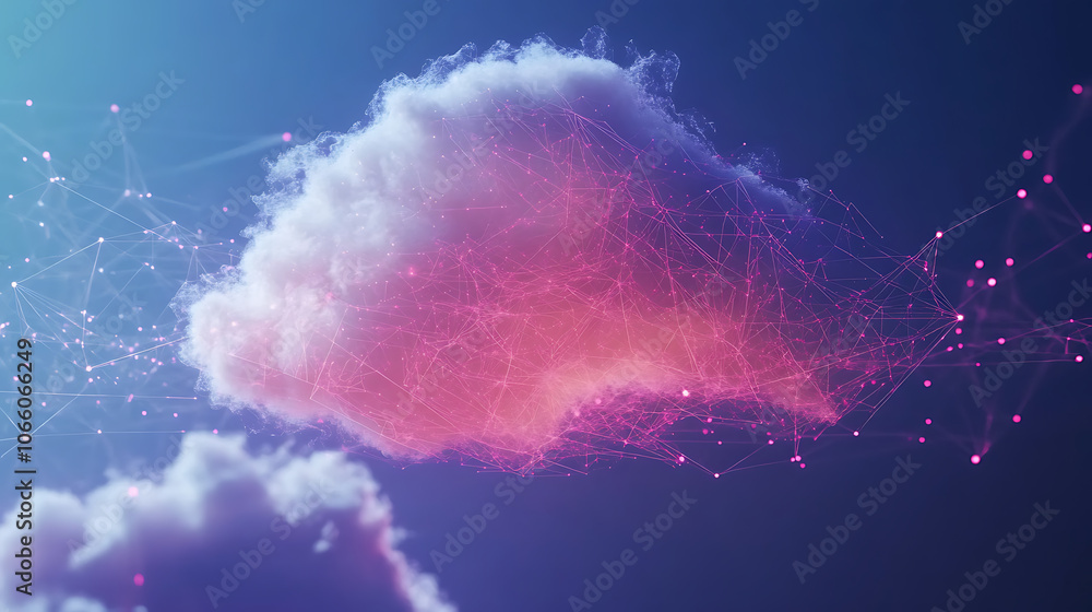 Poster digital clouds representing cloud migration with data points and network connections