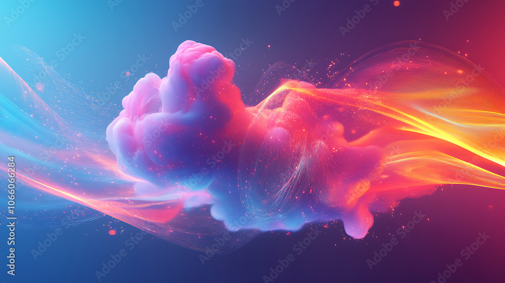 Poster digital cloud with data streams, representing cloud integration and data synchronization