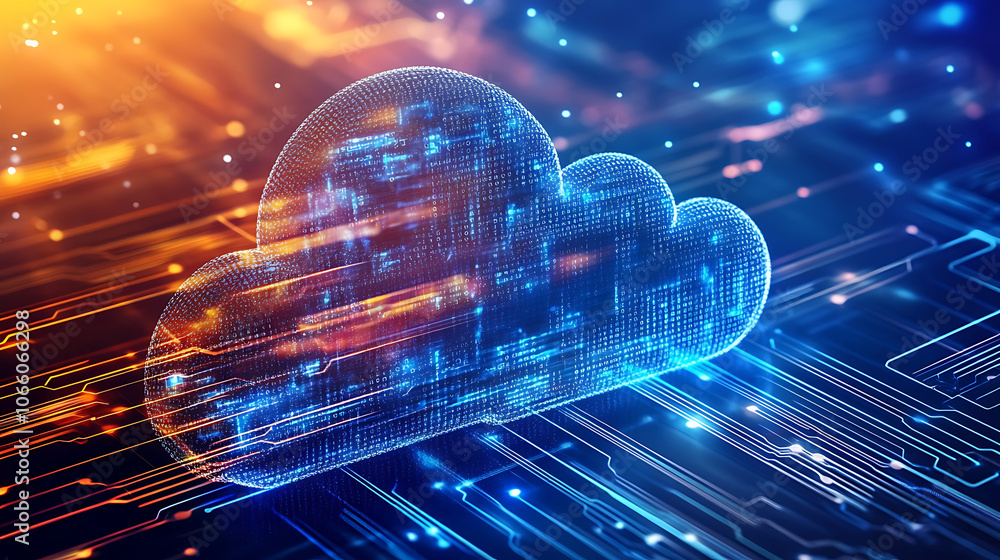 Fototapete Digital cloud with data streams, representing cloud integration and data synchronization