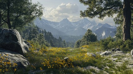 A Field of Yellow Flowers Blooming Before a Mountain Range