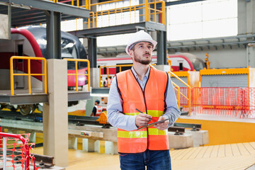Electric locomotive repair technician in the maintenance station checking security functions process,  Public vehicle traffic important infrastructure in Thailand. transportation vehicle.
