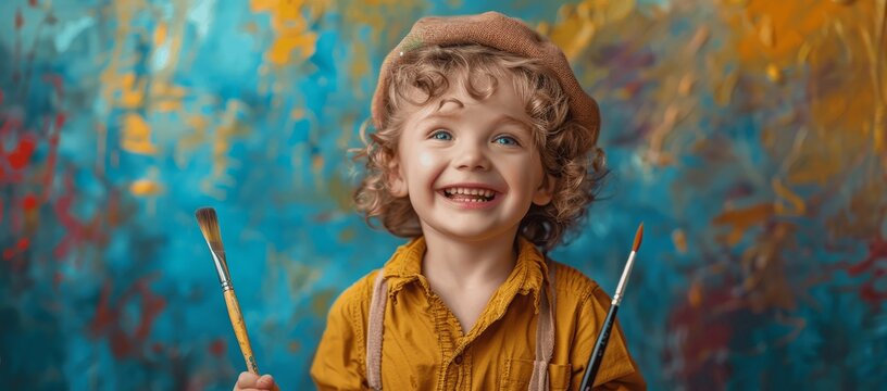 happy curly-haired boy with artist beret and paintbrushes on blue background, joyful child painter in art class