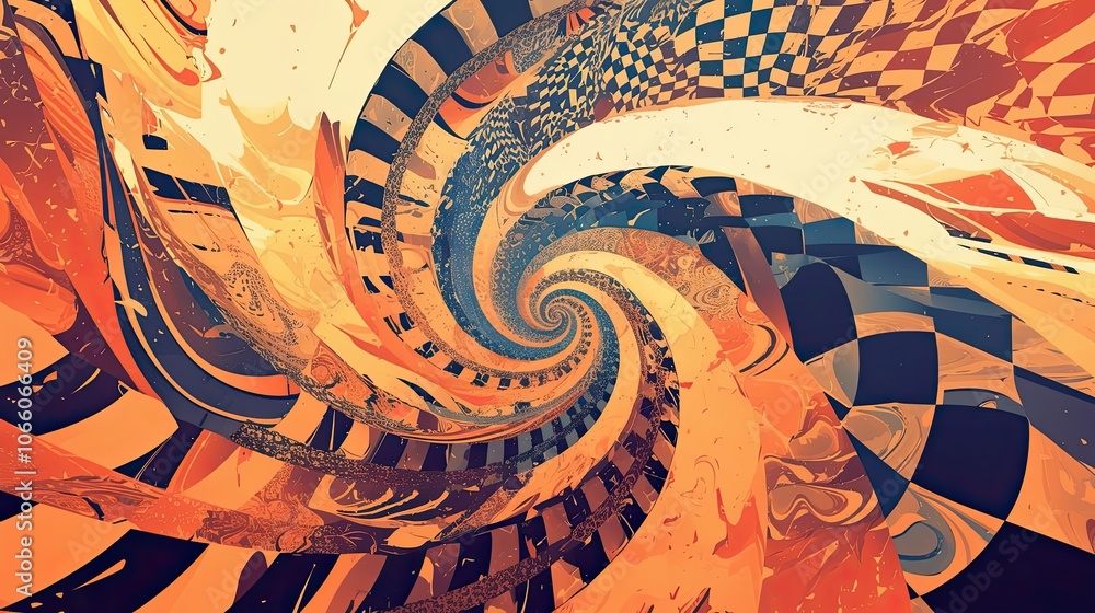 Poster abstract swirling pattern with checkered elements