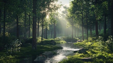 Obraz premium Sunbeams Illuminating a Creek in a Lush Forest