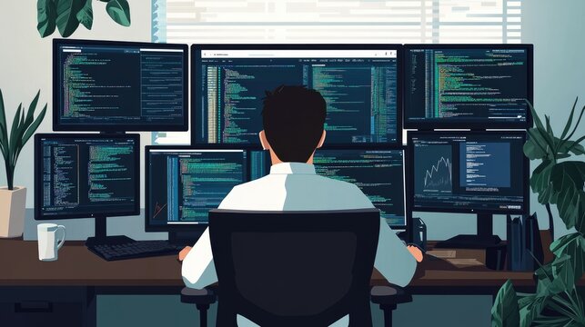 A lone data scientist reviewing datasets on a computer, with Python code and visualizations on multiple screens, representing the analysis of big data. 