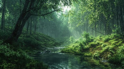 Obraz premium Serene Creek Winding Through a Lush Green Forest